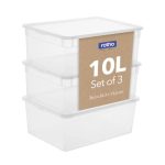 Rotho Clear Set van 3 opbergdozen 10l met deksel, Kunststof (PP) BPA-vrij, transparante, 3 x 10l (36.0 x 26.0 x 14.0 cm)