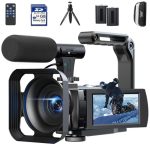 Videocamera 5K 56MP Vlog Camera voor YouTube, WiFi, IR Nachtzicht, Digitale Zoom 16X, Touchscreen 3", Webcam, Externe Microfoon, 2 Batterijen, Stabilisator, 64GB Kaart, Afstandsbediening, Statief