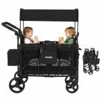 Bolderkar voor 2 kinderen, opvouwbare kinderwagen met snackplank, bolderkar met zitjes, afneembaar zonnedak, 5-punts, zwenkbare/vergrendelbare wielen en 600D Oxford-weefsel