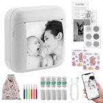 eSynic Mini Thermal Printer met 10 Rollen Papier & 6 Markers - Draagbare Bluetooth Printer voor Zwart-Wit Foto's vanaf Android/iOS, Oplaadbare Sticker Printer voor Labels en Dagboek - Wit