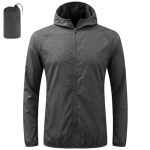 Beste wandel regenjas BSBUY Regenjas, opvouwbaar, waterdicht, zonwerende jas, sportjack met ritssluiting en zak, lichte kleding met capuchon, voor alle seizoenen, wandelen, hardlopen, outdoor, vissen, kamperen, grijs