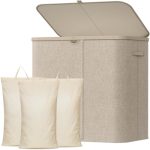 Lifewit Wasmand met Deksel, Grote Opvouwbare Wasmand 3 Vakken met Uitneembare Zakken, Laundry Basket voor Slaapkamer, Badkamer, Studentenhuis en Wasruimte, 145L, Beige