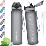AOHAN Waterfles van 1 liter met lekvrije klapdeksel, BPA-vrije sportdrinkfles met rietje, vaatwasmachinebestendig, niet-giftige waterfles met draagriem