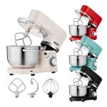 Beste stand mixer Arebos Keukenmachine 1500W Cream | Mixer met 2x roestvrijstalen mengkommen | Geluidsarm | Keukenmixer met klopperhaak, kneedhaak, garde en spatscherm | 6 snelheden