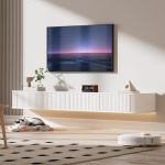Beste TV meubel PURFINO Zwevend TV-Meubel met LED-Verlichting – 160CM Wandgemonteerd TV-Kast met Verbeterde Opbergruimte & Afgeronde Randen, Moderne TV-Mediaconsol voor 55-65 Inch TV's