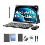 Beste tablet met toetsenbord Crelander 10,1 inch Android 16 tablet, 12 GB + 128 GB Android tablet, 5000 mAh accu, 1280 x 800 touchscreen, Bluetooth/WiFi, bundel met hoes, toetsenbord, muis en stylus (grijs)