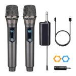 Beste draadloze microfoon Draadloze microfoon, oplaadbare vaste frequentie draadloze dubbele microfoon, handheld dynamische microfoon, karaoke zingen, bruiloften DJ, feest, kerk, klasgebruik, 60 m, grijs. (2 versies