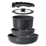 GiPP Keramische pannenset, antiaanbaklaag, keukenset met afneembare handgrepen, niet giftig, geschikt voor inductie, oven en vaatwasser (zwart, 5 stuks)