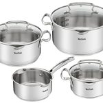 Beste kookpannen Tefal Duetto Set 7-delig: 3 kookpannen 16/20/24 cm, 1 steelpan 16 cm, 3 deksels, roestvrij staal, 3 glazen deksels, maatmarkeringen, alle warmtebronnen geschikt voor oven en vaatwasser