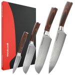 Beste professionele messenset Matakumi Messenset Damascus Stijl - 4-Delige Messenset Damascus Print - Japanse Keukenmessen - Perfect Voor Hobbykoks en de Professionele Keuken