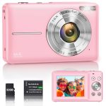 Digitale camera, 1080p, 44 MP, vloggingcamera voor kinderen en jongeren, FHD compacte camera met 2,4 inch scherm, 16x zoom, anti-shake mini-camera voor beginners, studenten, jongens en meisjes, roze