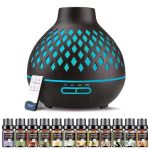 AESHORY 550ml Etherische Olie Diffuser, Aroma Diffuser met 12 x 5ml Etherische Oliën, Ultrasone Luchtbevochtiger met 7-kleurige Ledlampjes, Automatische Uitschakeling, voor Thuis, Yoga, Spa (Bruin)