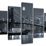 Visario Canvasdoek New York Brooklyn Bridge Zwart-Wit Maan 200 x 100 cm 5-delig Directdruk op Canvas met Houten Frame
