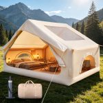 Opblaasbare campingtent met dakraam, 300 x 210 x 200 cm voor 2-4 personen, waterdicht 210D Oxford-weefsel, luchtpomp, snelle opbouw in 5 minuten, opblaasbare tent, groot, voor familie-camping, kaki