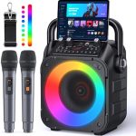 Singingmate Karaokemachine, draagbare Bluetooth-luidspreker met 2 draadloze microfoons, PA-systeem voor kinderen en volwassenen, met LED-lampen voor feestjes (zwart)