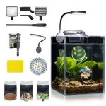 Desktop Betta klein aquarium, glazen aquarium, 5 liter, complete set, 15 x 15 x 20, zelfreinigend filtersysteem, helder ledlicht, grind, plant, reinigingsgereedschap, starterset voor kleine ruimtes