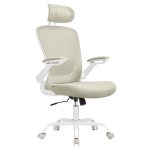 SONGMICS Bureaustoel, ergonomische mesh stoel met mesh rug voor bureau, opvouwbare armleuningen, verstelbare lendensteun en hoofdsteun, kantelfunctie, cappuccino beige OBN047K02