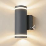 JNR Buitenlamp met schemeringssensor van roestvrij staal, IP54, waterdichte led-buitenlamp met lichtsensor, 2 x GU10, 3000 K, warmwit, 5 W inbegrepen (1-Grijs)