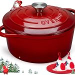 Overmont Stoofpan van gietijzer, 26 cm, emaille braadpan met deksel, geschikt voor de oven, met kookboek, voor keuken, bakken, smoren, braden, rood