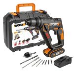 WORX WX390 Boorhamer SDS-plus – 20 V boormachine met pneumatisch hamerwerk voor schroeven, boren en hameren, 1,2 joule slagenergie – met 2,0 Ah Li-Ion accu, oplader en koffer