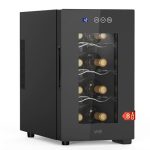 WIE Wijnkoelkast, 8 flessen, drankkoelkast, 23 liter, kleine 5-18 °C, wijnkoelkast met glazen deur, volledig glazen designdeur, led-touchpaneel, anti-uv mini-wijnkoelkast