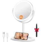 Auxmir 30X Vergrootspiegel met licht, 9" oplaadbare make-upspiegel met pincet, 3 kleuren traploze dimbare spiegels met telefoonhouders, 360° vrijstaande, afneembare make-upspiegels voor slaapkamer