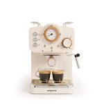 Beste halfautomatische koffiemachine CREATE/THERA RETRO/Espressomachine Mat Gebroken Wit en Hout/ESE gemalen koffie en pods, halfautomatische koffiemachine met 15 bar drukpomp en 1100W vermogen, glanzende afwerking