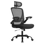 SONGMICS OBN047B02 Bureaustoel van mesh, ergonomische draaistoel, lenden- en hoofdsteun, brede zitting, opvouwbare armleuningen, kantelfunctie, voor kantoor, slaapkamer, inktzwart