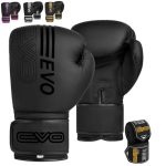 EVO Fitness Boxing Gloves Men Women MMA Muay Thai Bokshandschoenen Vechtsporten Kickboxing Heren Sparring Training Taekwondo Dames Vechten Bokszak Handschoenen Met Handwraps Boxe (Zwart, 12 OZ)