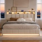 BRILVERDE Gestoffeerd bed 160x200 met opbergruimte, tweepersoonsbed met LED/USB, bedframe met lattenbodem en hoofdeinde, jeugdbedden voor volwassenen en jongeren, linnen (beige, 160 x 200 cm)