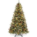 YITAHOME Kunstkerstboom, 182 cm, voorversierd met sneeuw en 250 ledverlichting, 58 dennenappels, 58 bessen, ca. 818 takken, dennenboom met klapsysteem en metalen standaard, 182 x diameter 95 cm
