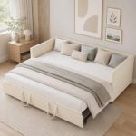 Gestoffeerd bed, slaapbank, uittrekbaar, voor 2 personen, dagbed, uittrekbed dezelfde hoogte, slaapbank met lattenbodems en rugleuning, multifunctioneel bed, fluweel, zonder matras (beige, 90