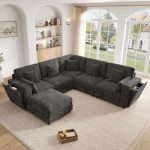 NuvlaGu Modulaire 6-zitsbank, L/U-vormige hoekbank, USB/Type-C poorten, bekerhouder en opbergruimte, chenille-stof, 7 kussens, woonkamer, slaapkamer en kantoor, grijs